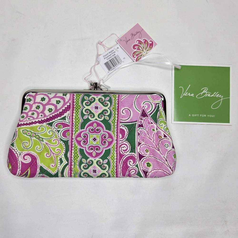 Vera Bradley NWT Clutch Wallet Pinwheel Pink Kiss Lock Boho Preppy RETIRED Green